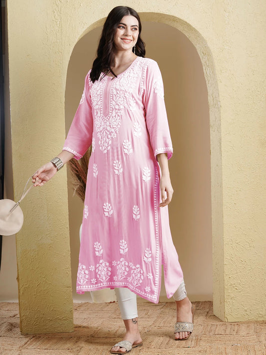 Hand Embroidered Pink Rayon Lucknowi Chikankari Straight Kurta