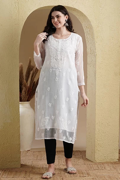 Hand Embroidered White Georgette Lucknowi Chikankari Straight Kurta Set With Slip