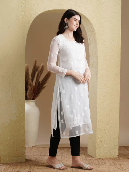 Hand Embroidered White Georgette Lucknowi Chikankari Straight Kurta Set With Slip