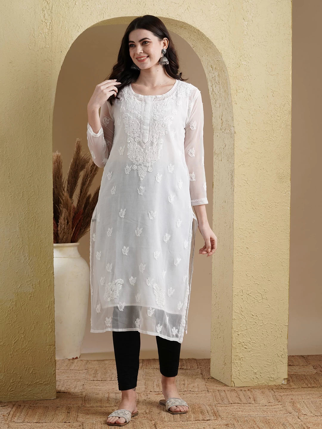 Hand Embroidered White Georgette Lucknowi Chikankari Straight Kurta Set With Slip