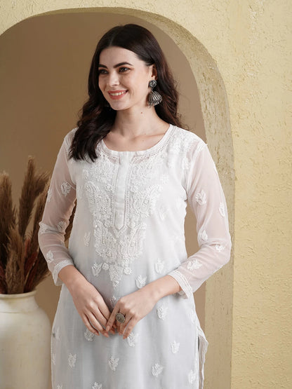 Hand Embroidered White Georgette Lucknowi Chikankari Straight Kurta Set With Slip