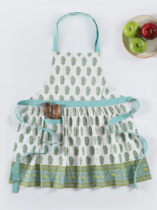 Green Cotton Paisley Printed Apron For Home Use