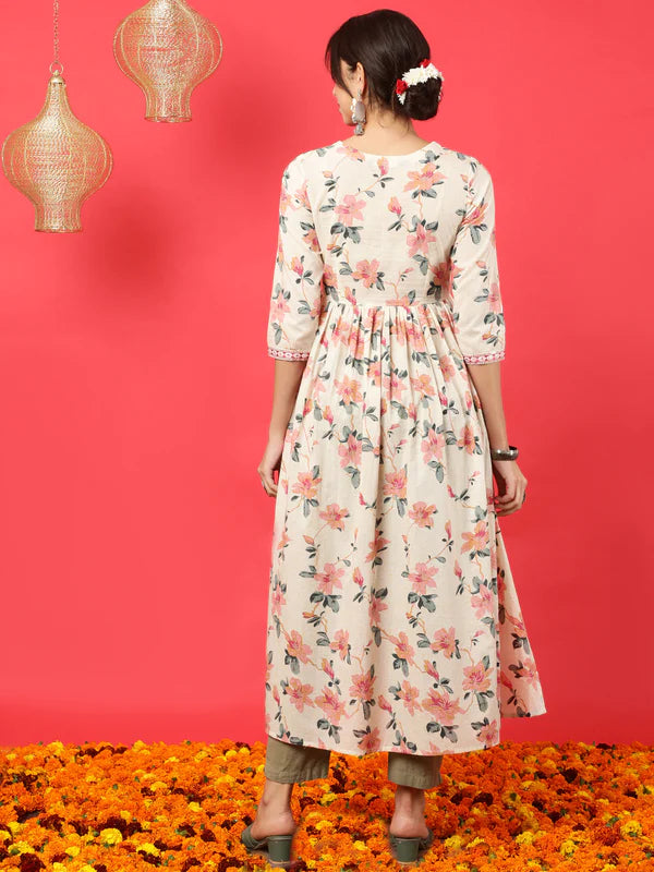 RAYON CALF LENGTH PRINTED SEMI-FLARED 3/4 SLEEVES V-NECK KURTA