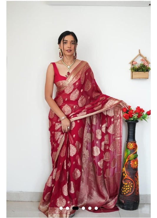 Red Soft Cotton Silk Ready To Wear Saree