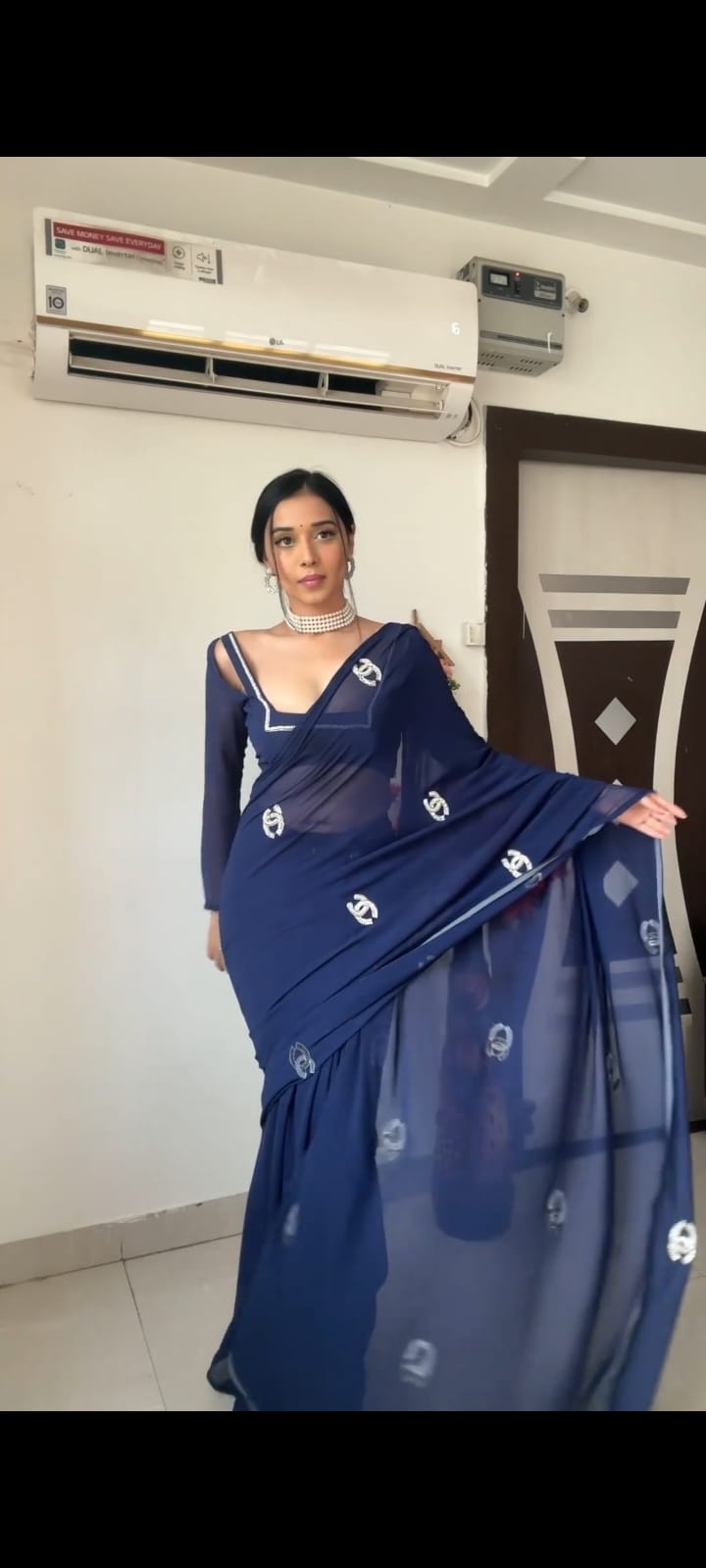 Blue Georgette Embroidery Ready To Wear Saree