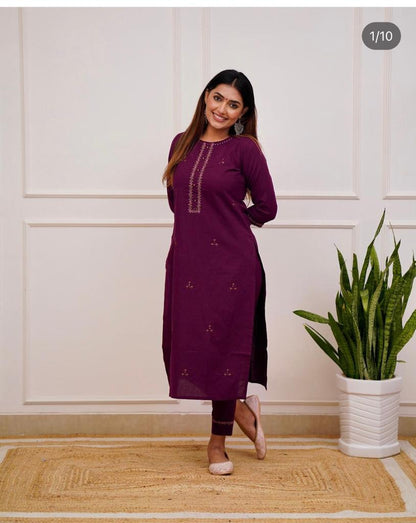 WINE EMBROIDERY KURTI PANT SET