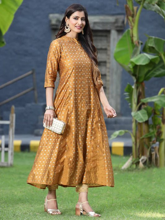 MUSTARD CHANDERI SILK PRINTED ANARKALI KURTA