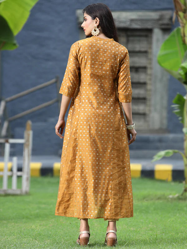 MUSTARD CHANDERI SILK PRINTED ANARKALI KURTA