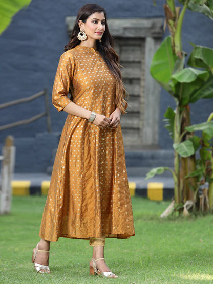 MUSTARD CHANDERI SILK PRINTED ANARKALI KURTA