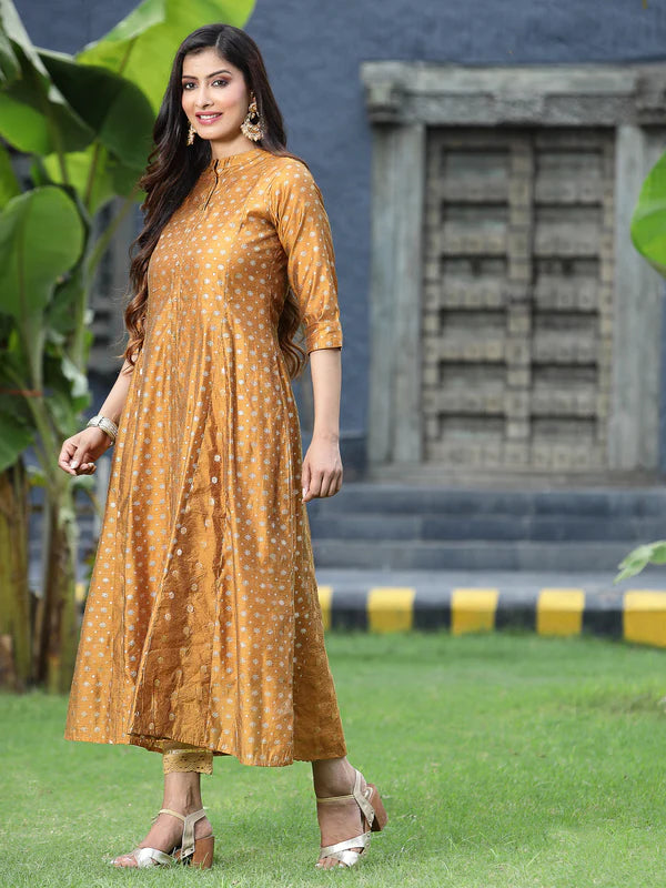 MUSTARD CHANDERI SILK PRINTED ANARKALI KURTA