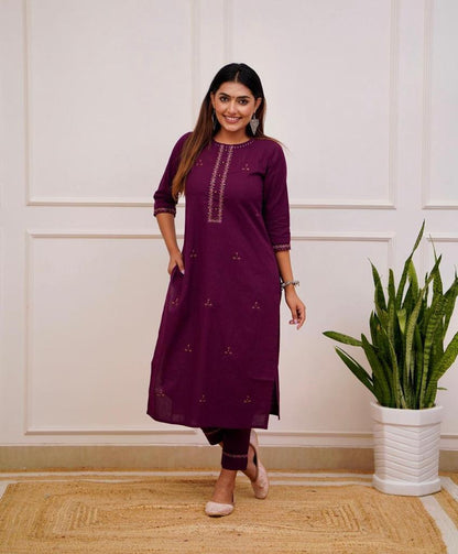 WINE EMBROIDERY KURTI PANT SET