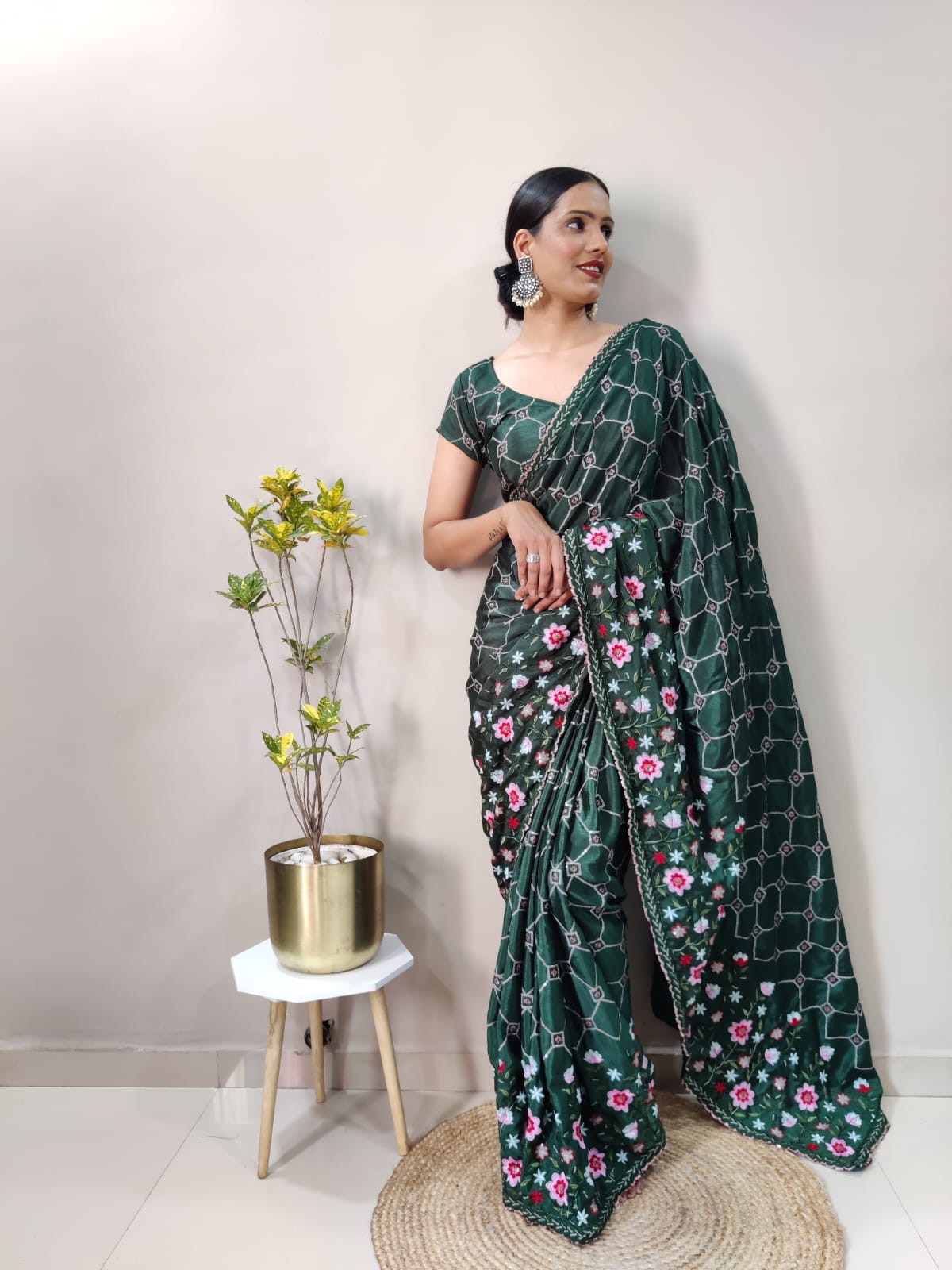 Green Chinnon Silk Ready To Wear Saree