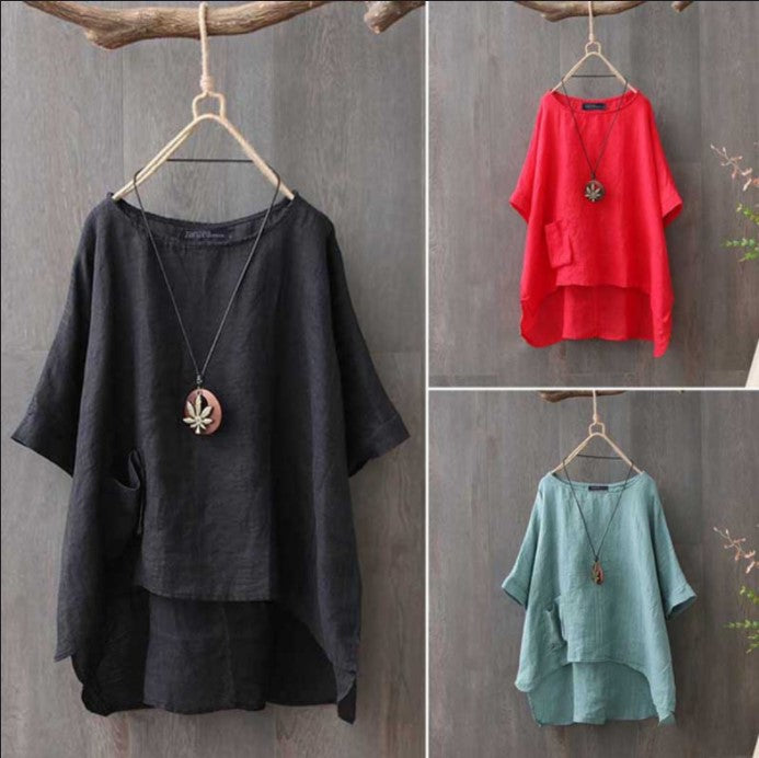 Summer Fashion Plus Size Round Neck Pocket Solid Color Irregular T-shirt Women Blouse