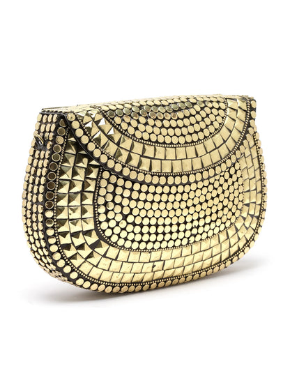 Mosaic Embellished Metal Halfmoon Clutch