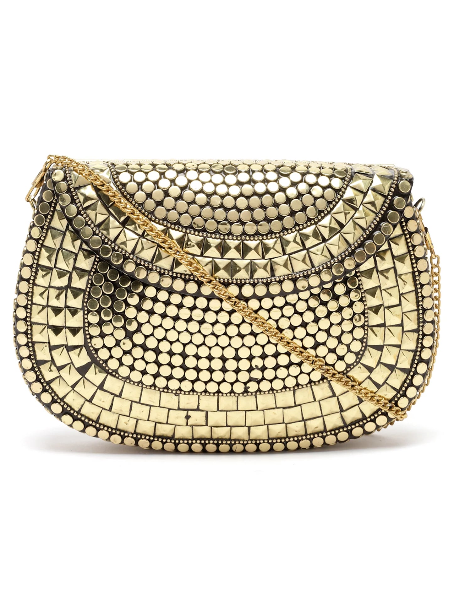 Mosaic Embellished Metal Halfmoon Clutch