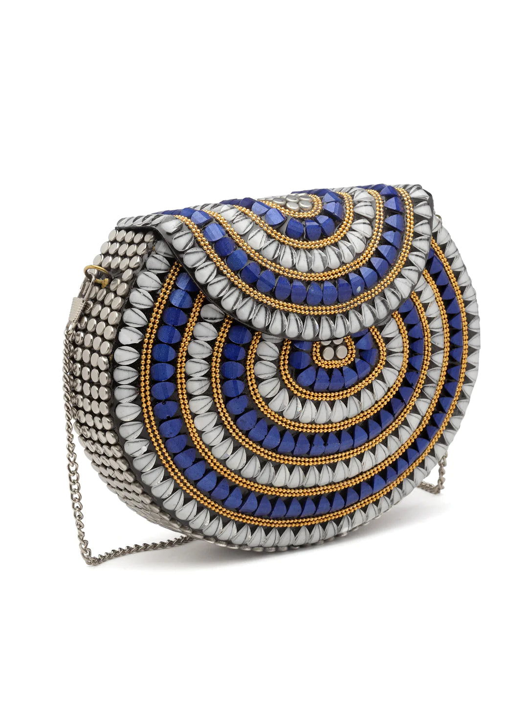 Mosaic Stone Work Embellished Metal Clutch