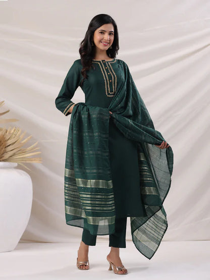 Dark Green Cotton Blend Yoke Design Straight Kurta Set