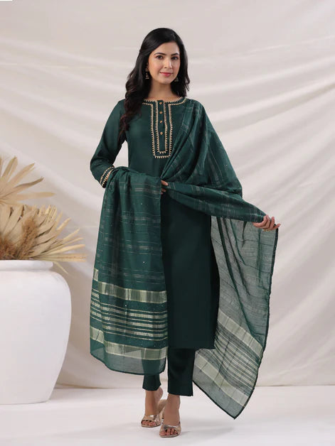 Dark Green Cotton Blend Yoke Design Straight Kurta Set