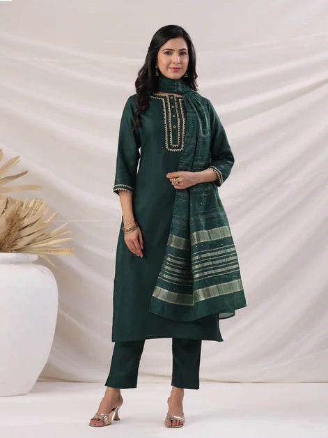 Dark Green Cotton Blend Yoke Design Straight Kurta Set