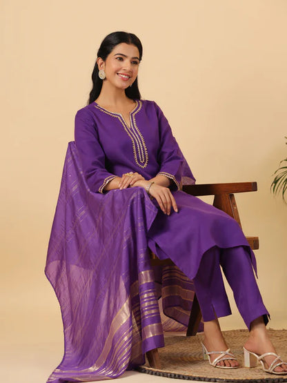 Purple Cotton Blend Yoke Design Straight Kurta Set