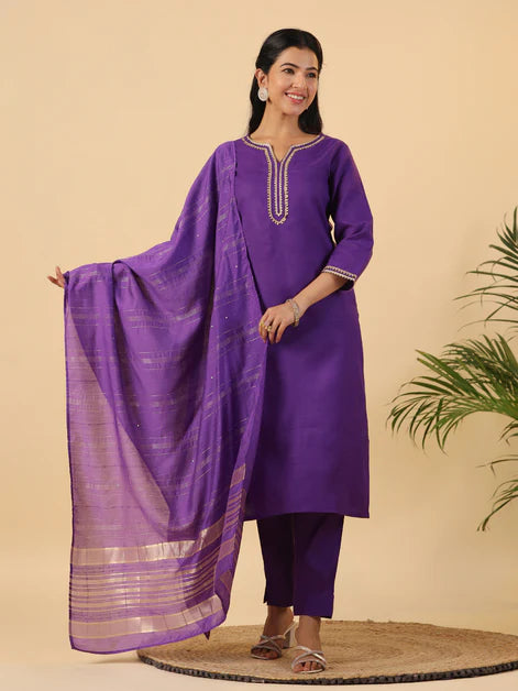 Purple Cotton Blend Yoke Design Straight Kurta Set