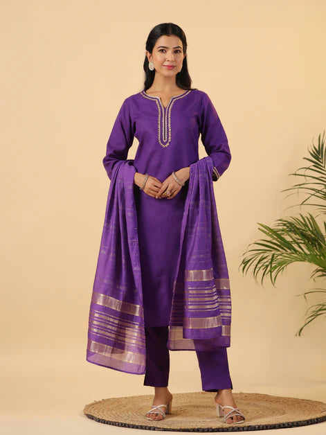 Purple Cotton Blend Yoke Design Straight Kurta Set