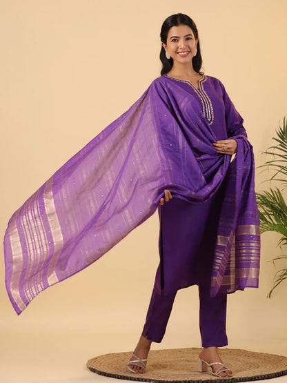 Purple Cotton Blend Yoke Design Straight Kurta Set