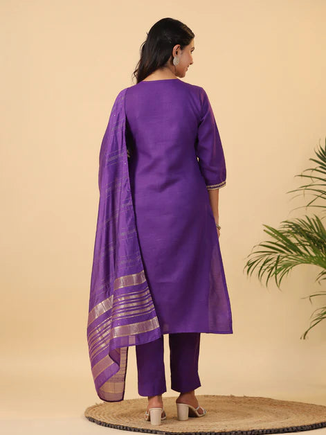 Purple Cotton Blend Yoke Design Straight Kurta Set