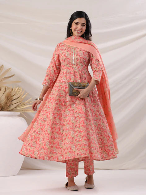 Peach Cotton Blend Floral Printed Anarkali Kurta Set