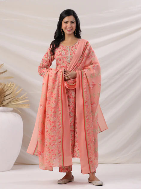 Peach Cotton Blend Floral Printed Anarkali Kurta Set