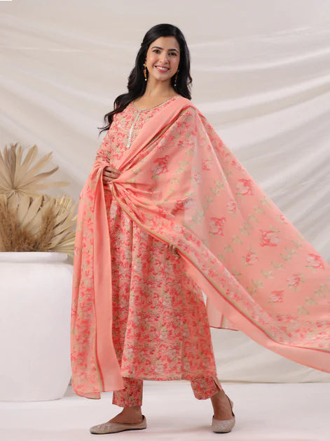 Peach Cotton Blend Floral Printed Anarkali Kurta Set