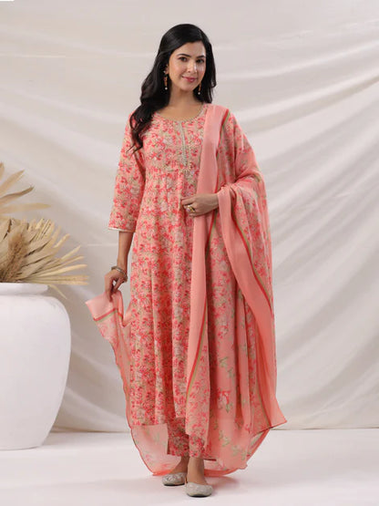 Peach Cotton Blend Floral Printed Anarkali Kurta Set