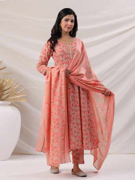 Peach Cotton Blend Floral Printed Anarkali Kurta Set