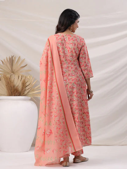 Peach Cotton Blend Floral Printed Anarkali Kurta Set