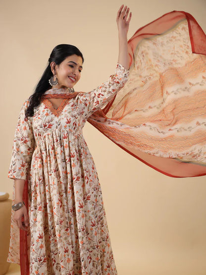 Cream Rayon Floral Printed A-Line Kurta Set