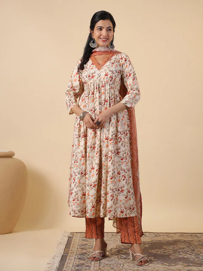 Cream Rayon Floral Printed A-Line Kurta Set