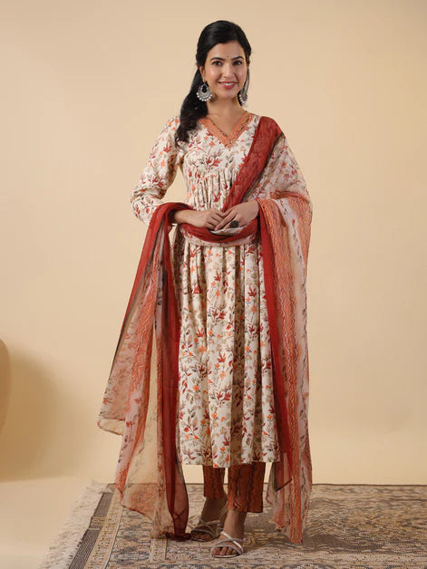 Cream Rayon Floral Printed A-Line Kurta Set