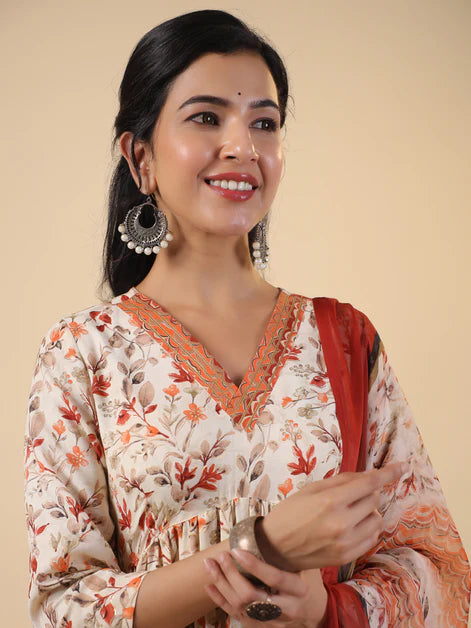 Cream Rayon Floral Printed A-Line Kurta Set