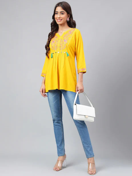 Mustard Cotton Yoke Embroidery Regular Kurta