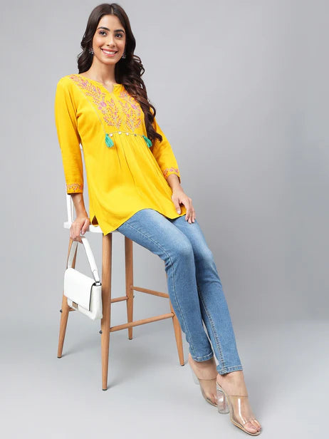 Mustard Cotton Yoke Embroidery Regular Kurta