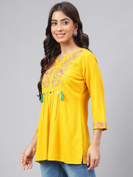 Mustard Cotton Yoke Embroidery Regular Kurta