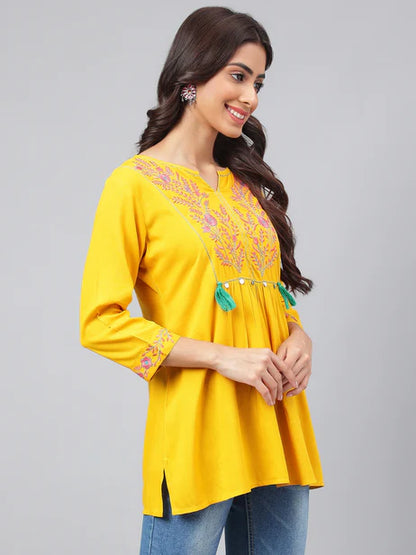 Mustard Cotton Yoke Embroidery Regular Kurta