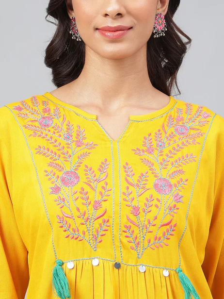 Mustard Cotton Yoke Embroidery Regular Kurta