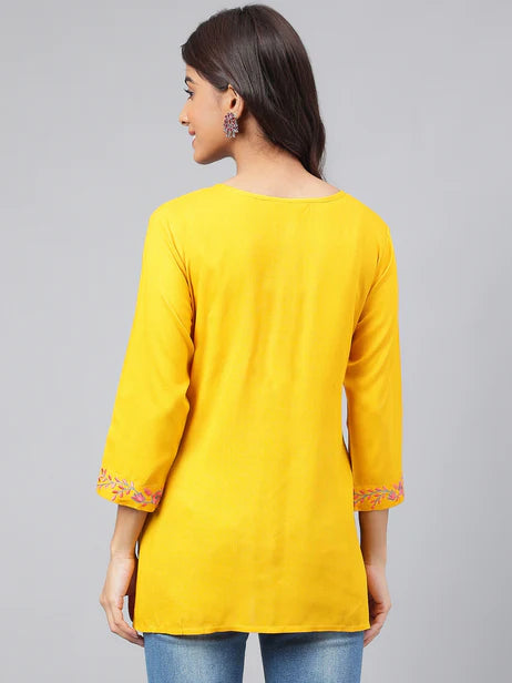 Mustard Cotton Yoke Embroidery Regular Kurta