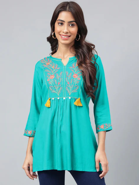 Turquoise Cotton Yoke Embroidery Regular Kurta