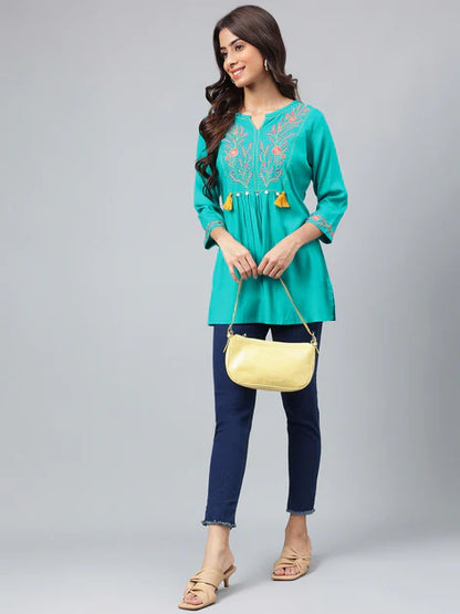 Turquoise Cotton Yoke Embroidery Regular Kurta