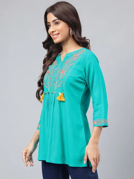 Turquoise Cotton Yoke Embroidery Regular Kurta