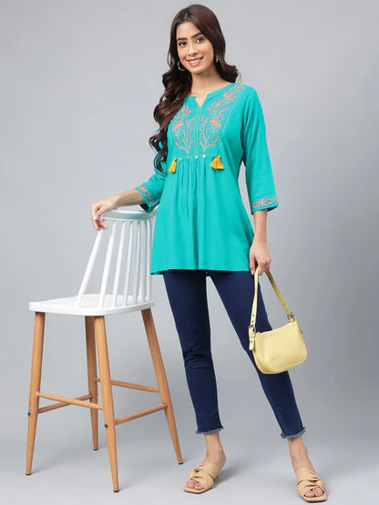 Turquoise Cotton Yoke Embroidery Regular Kurta