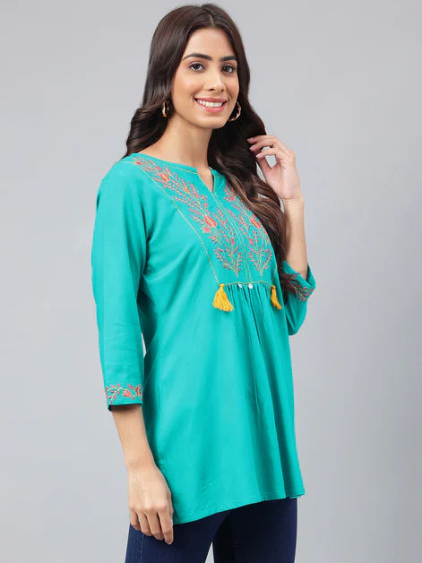 Turquoise Cotton Yoke Embroidery Regular Kurta