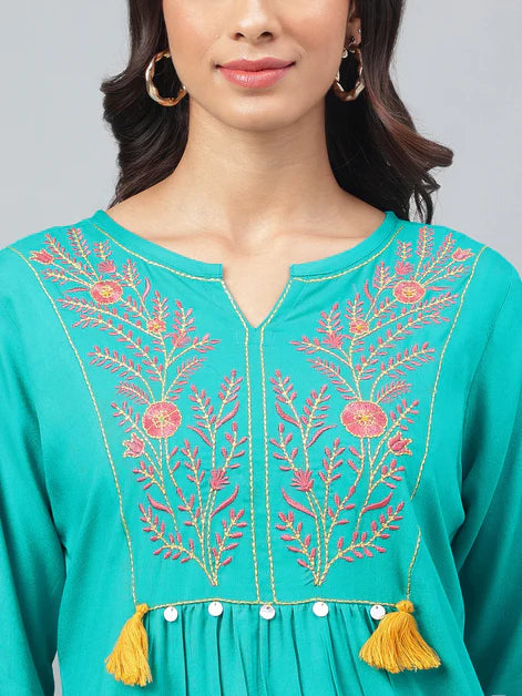 Turquoise Cotton Yoke Embroidery Regular Kurta